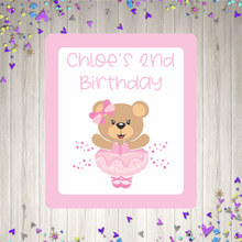 Load image into Gallery viewer, Pink Ballerina Bear Birthday Party Pop Top Stickers
