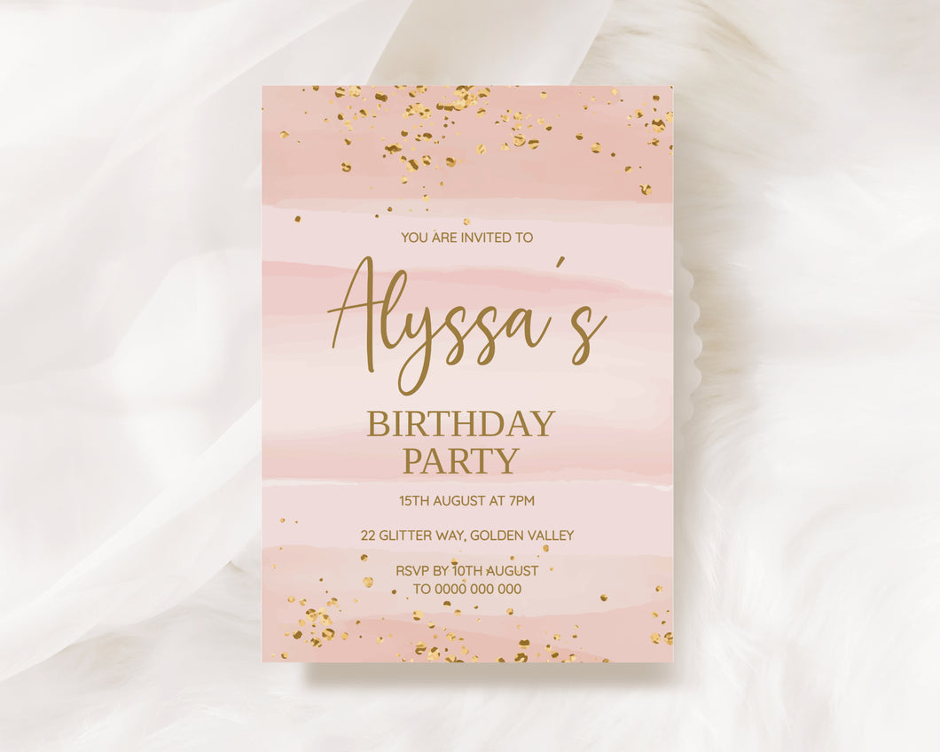 Editable Pink and Gold Birthday Invite, Digital Invitation Template, Print at Home