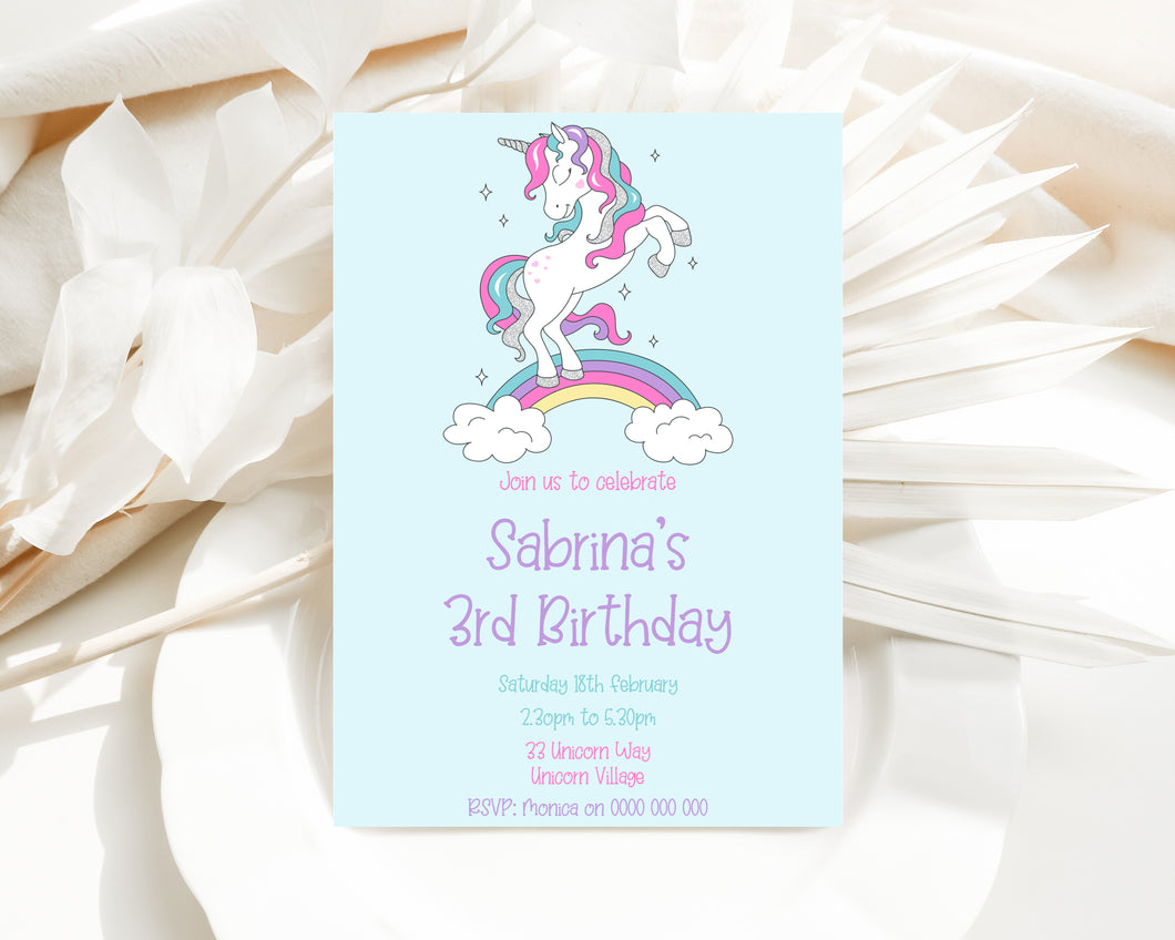 Editable Unicorn Birthday Invite, Digital Invitation Template, Print at Home