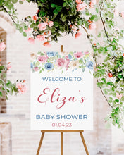 Load image into Gallery viewer, Blue and Pink Floral Baby Shower Welcome Sign Print
