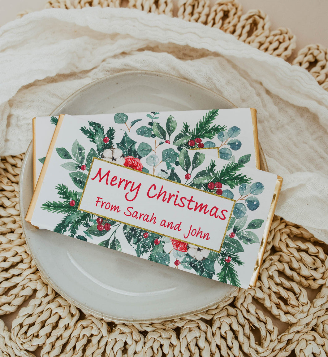 Personalised Christmas Wreath Chocolate Bar Wrapper Sticker