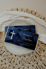 Load image into Gallery viewer, Personalised Blue Watercolour Baptism Chocolate Bar Wrapper Sticker
