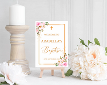 Load image into Gallery viewer, Pink and Floral Baptism Welcome Sign Print

