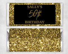 Load image into Gallery viewer, Personalised Black and Gold Glitter Chocolate Bar Wrapper Sticker
