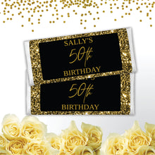 Load image into Gallery viewer, Personalised Black and Gold Glitter Chocolate Bar Wrapper Sticker
