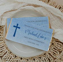 Load image into Gallery viewer, Personalised Blue Holy Communion Chocolate Bar Wrapper Sticker
