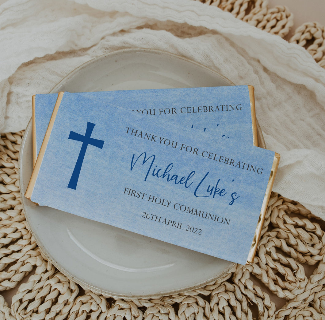 Personalised Blue Holy Communion Chocolate Bar Wrapper Sticker