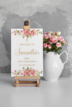 Load image into Gallery viewer, Pink Floral First Holy Communion Welcome Sign Print
