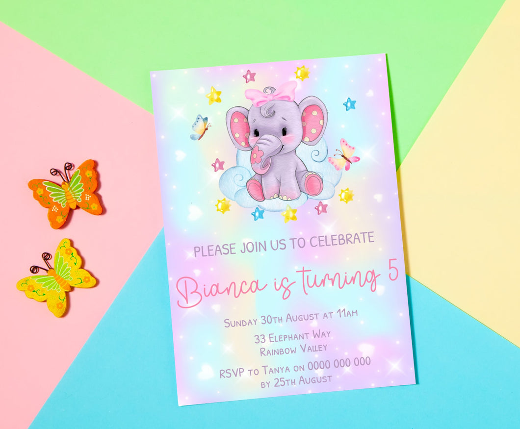 Editable Rainbow Elephant Birthday Invite, Digital Invitation Template, Print at Home
