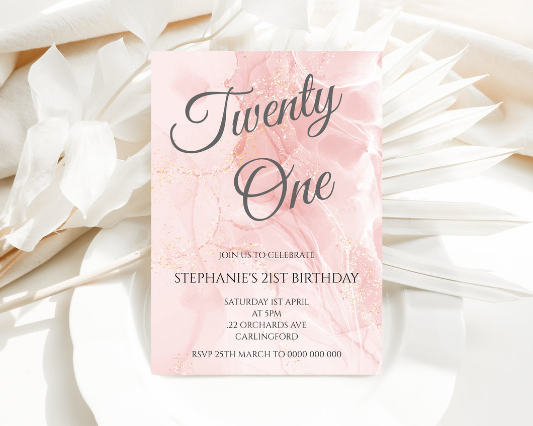 Editable Pink 21st Birthday Invite, Digital Invitation Template, Print at home