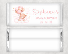 Load image into Gallery viewer, Personalised Pink Bear Baby Shower Chocolate Bar Wrapper Sticker
