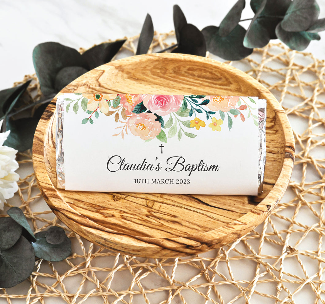 Personalised Pink Florals Baptism Chocolate Bar Wrapper Sticker