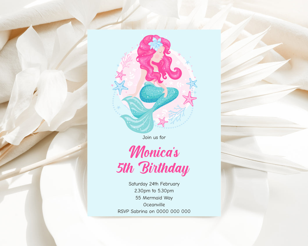 Editable Mermaid Birthday Invite, Digital Invitation Template, Print at Home