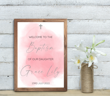 Load image into Gallery viewer, Pink Watercolour Baptism Welcome Sign Print
