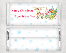 Load image into Gallery viewer, Personalised Christmas Rudolf and Gnomes Chocolate Bar Wrapper Sticker
