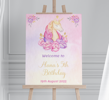 Load image into Gallery viewer, Watercolour Unicorn Birthday Welcome Sign
