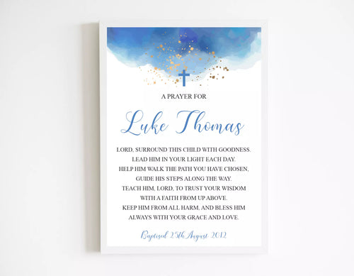 Blue Watercolour Baptism Prayer Print for a Boy, Various Sizes Available