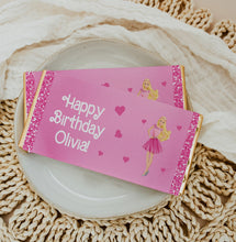 Load image into Gallery viewer, Personalised Glitter Barbie Chocolate Bar Wrapper Sticker
