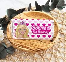 Load image into Gallery viewer, Personalised Crowned Barbie Chocolate Bar Wrapper Sticker

