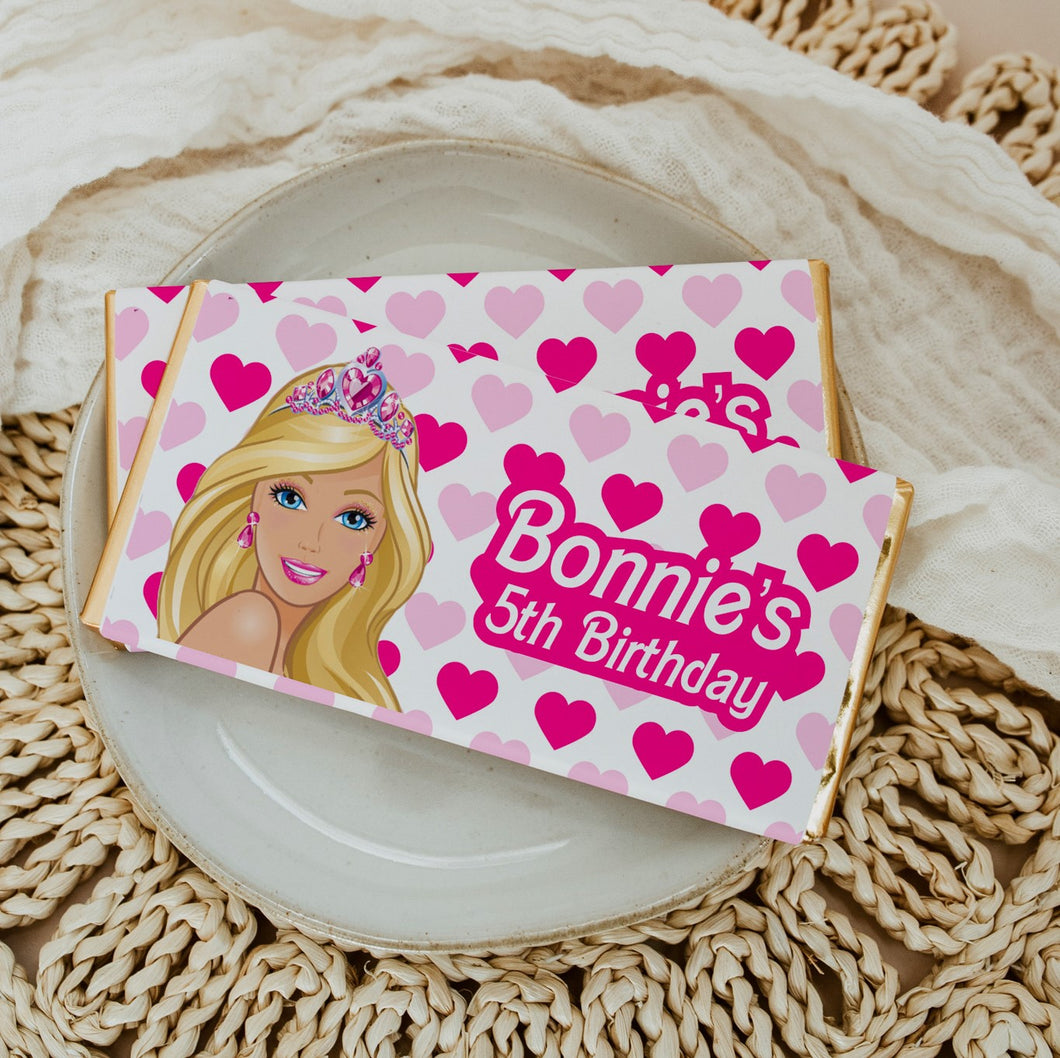 Personalised Crowned Barbie Chocolate Bar Wrapper Sticker