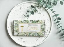 Load image into Gallery viewer, Personalised Eucalyptus Leaves Holy Communion Chocolate Bar Wrapper Sticker
