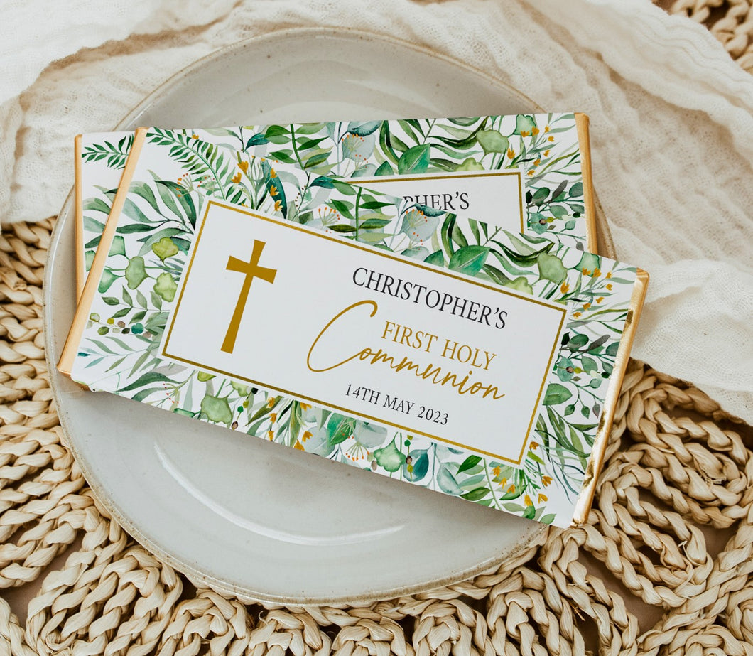 Personalised Eucalyptus Leaves Holy Communion Chocolate Bar Wrapper Sticker