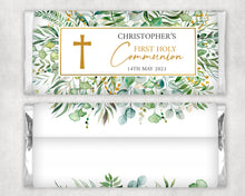 Load image into Gallery viewer, Personalised Eucalyptus Leaves Holy Communion Chocolate Bar Wrapper Sticker
