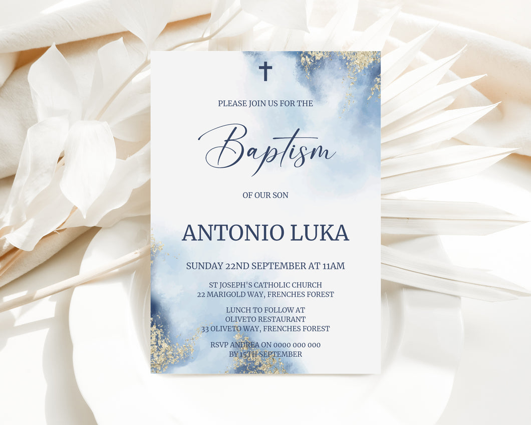 Boys Blue Baptism Invite, Digital Invitation Template, Edit at Home