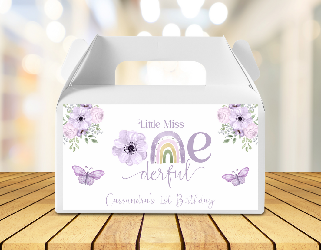 Little Miss Onederful Purple Florals Gable Box Birthday Party Stickers