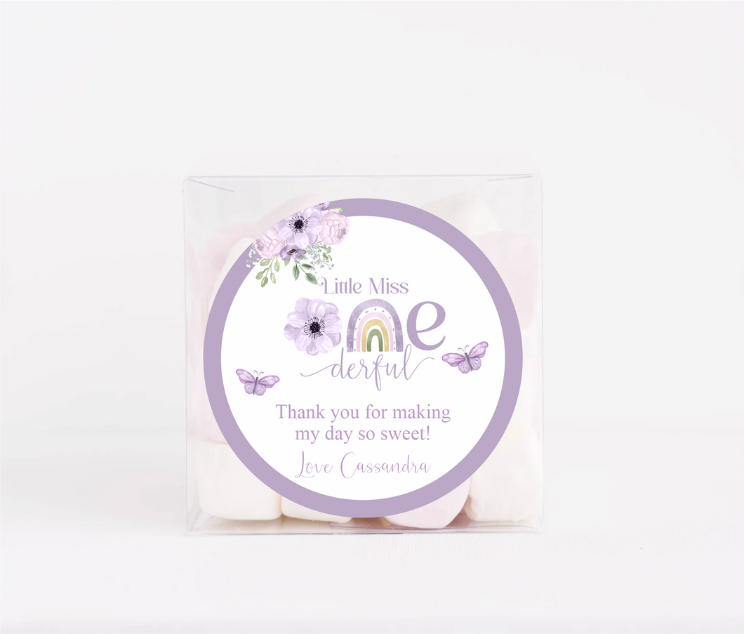 Little Miss Onederful Purple Florals Birthday Stickers