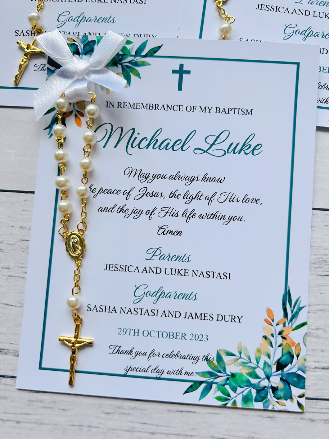 Baptism Rosary Beads Prayer Cards - Blue Florals