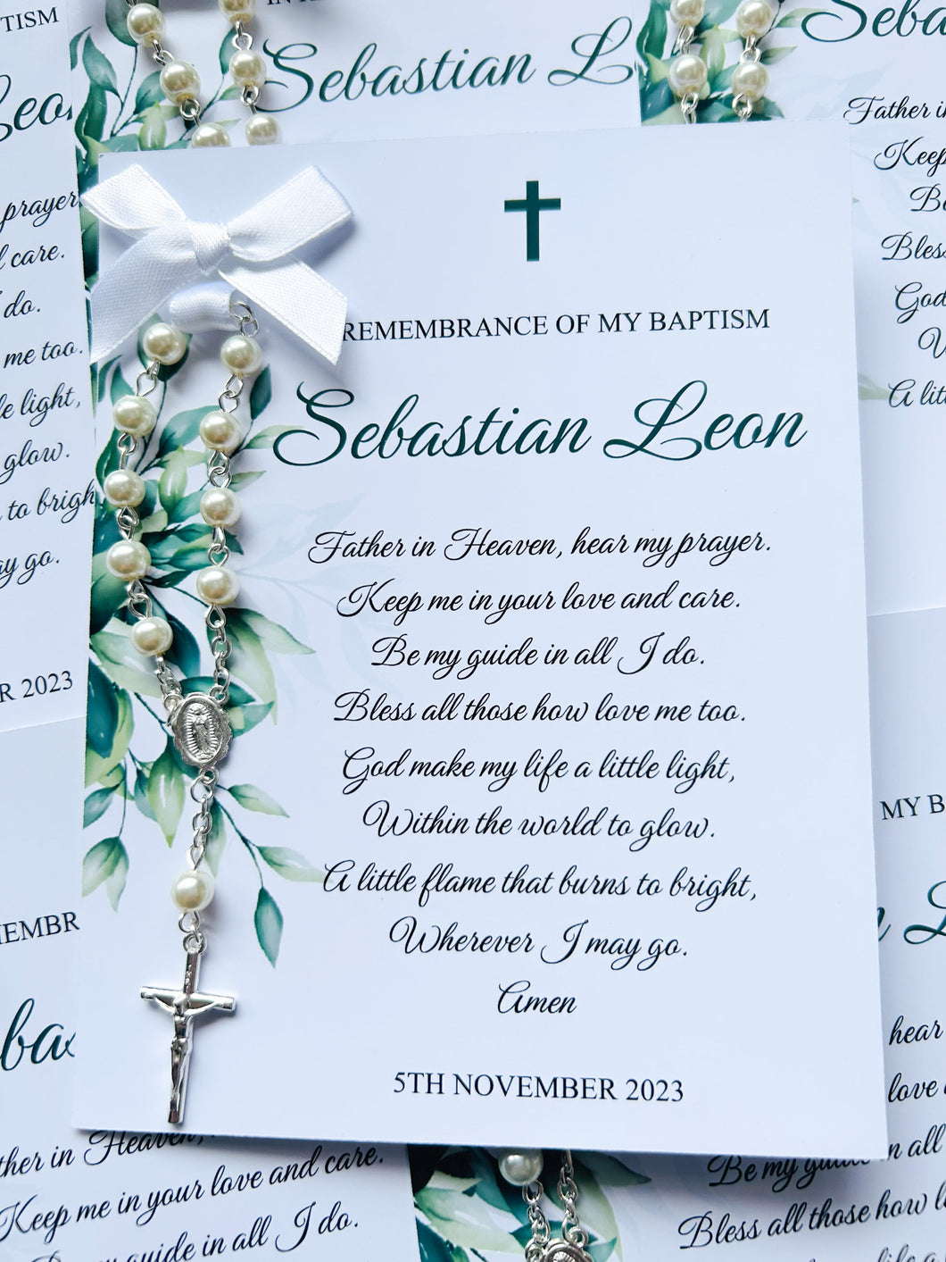 Baptism Rosary Beads Prayer Cards - Green Leaves