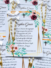 Load image into Gallery viewer, Baptism Rosary Beads Prayer Cards - Pink and Maroon Florals
