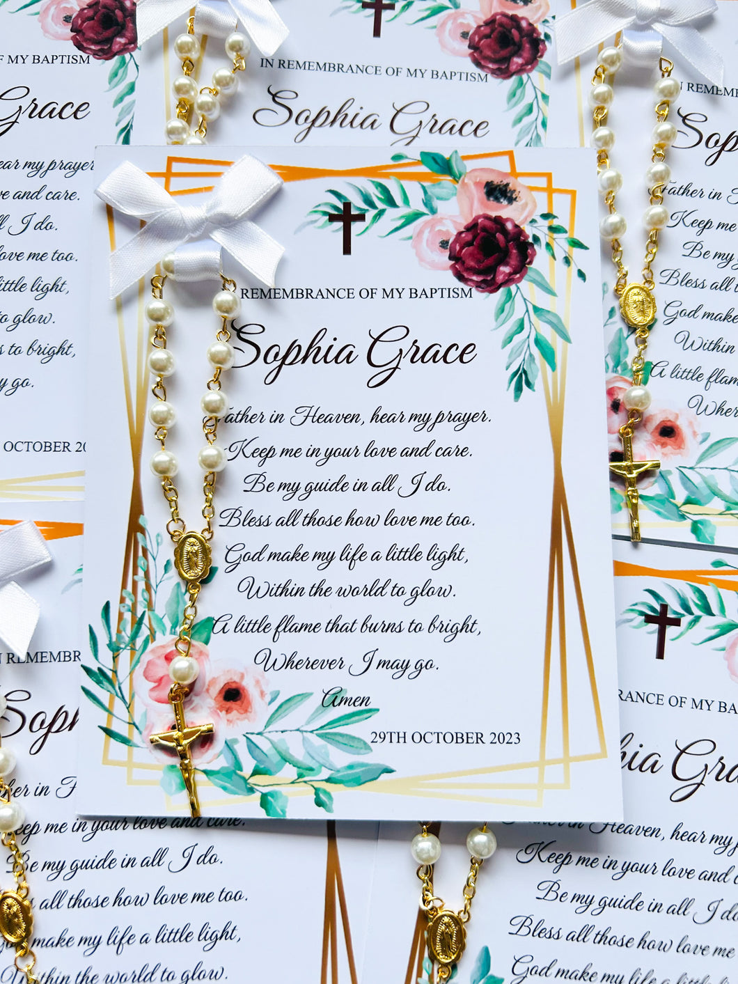 Baptism Rosary Beads Prayer Cards - Pink and Maroon Florals