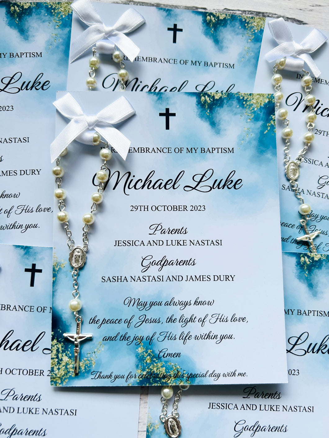 Baptism Rosary Beads Prayer Cards - Blue Watercolour