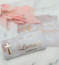 Load image into Gallery viewer, Baptism Chocolate Wrappers - Foil with Peach Background God Bless
