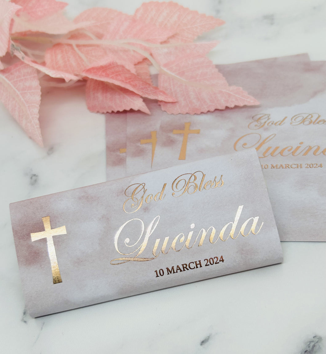 Baptism Chocolate Wrappers - Foil with Peach Background God Bless