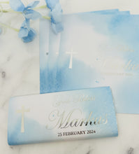 Load image into Gallery viewer, Baptism Chocolate Wrappers - Foil with Blue Background God Bless
