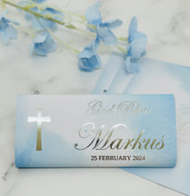 Load image into Gallery viewer, Baptism Chocolate Wrappers - Foil with Blue Background God Bless
