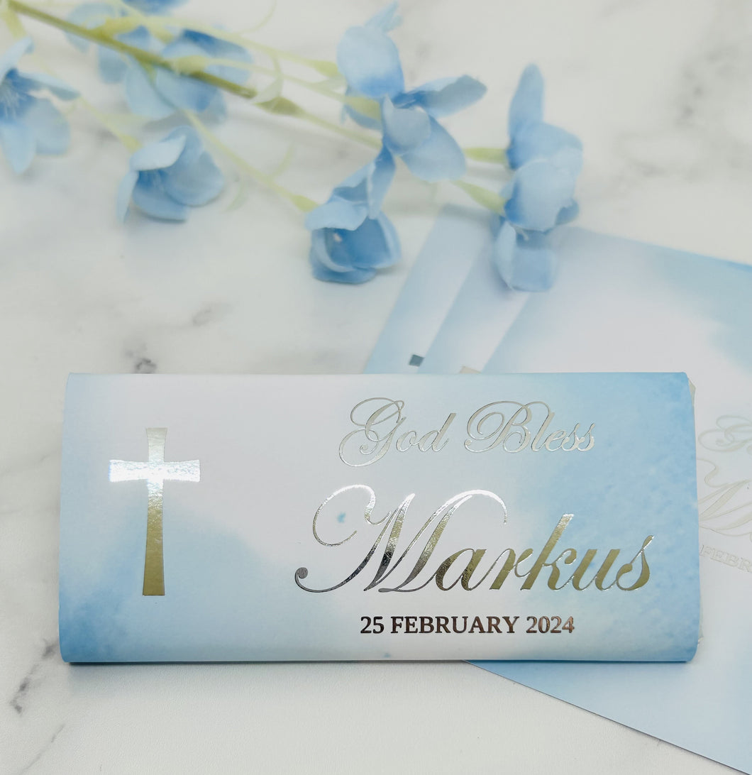 Baptism Chocolate Wrappers - Foil with Blue Background God Bless
