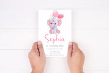 Load image into Gallery viewer, Pink Elephant Birthday Invite, Digital Invitation Template, Print at Home
