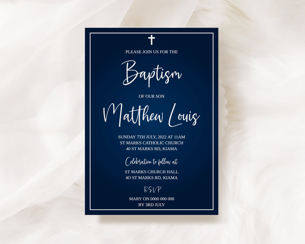 Editable Navy Blue Baptism Invite, Digital Invitation Template, Print at Home