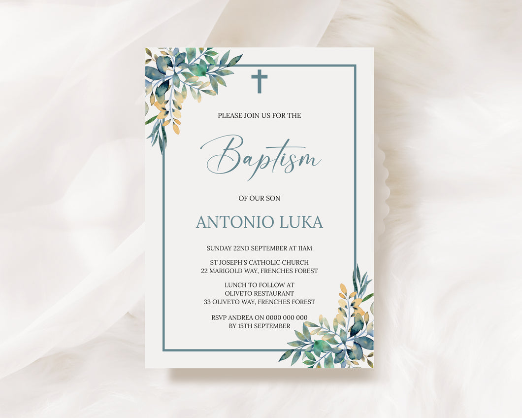 Boys Blue Floral Baptism Invite, Digital Invitation Template, Edit at Home
