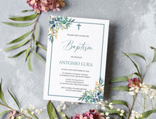 Load image into Gallery viewer, Boys Blue Floral Baptism Invite, Digital Invitation Template, Edit at Home
