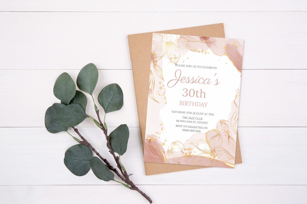 Editable Pink and Gold Birthday Invite, Digital Invitation Template, Print at Home