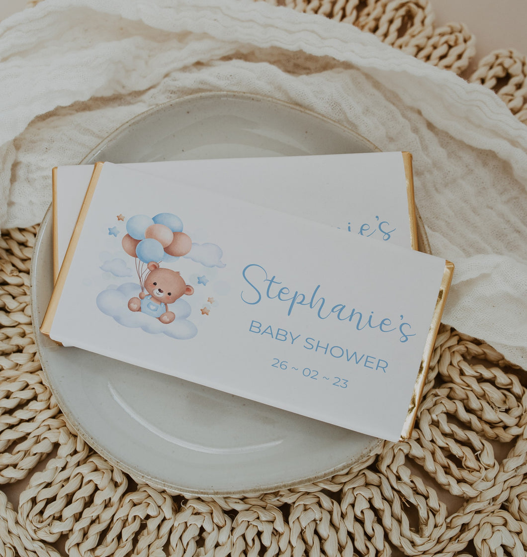 Personalised Blue Bear Baby Shower Chocolate Bar Wrapper Sticker