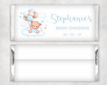 Load image into Gallery viewer, Personalised Blue Bear Baby Shower Chocolate Bar Wrapper Sticker
