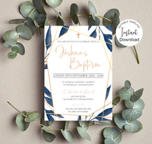 Load image into Gallery viewer, Editable Blue Leaves Baptism Invite, Digital Invitation Template, Print at Home
