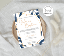Load image into Gallery viewer, Editable Blue Leaves Baptism Invite, Digital Invitation Template, Print at Home
