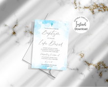 Load image into Gallery viewer, Editable Blue Watercolour Baptism Invite, Digital Invitation Template, Print at Home
